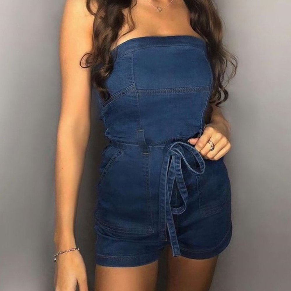 Joplin Dark Wash Bandeau Tie Waist Denim Romper - Picture 3 of 13